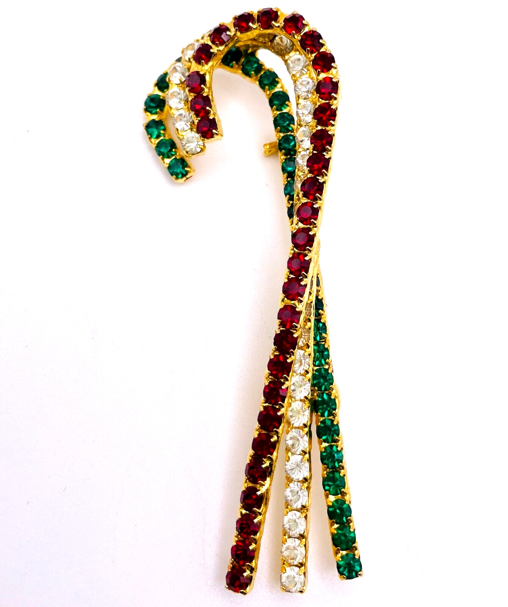 Christmas Pin 3" Brooch Candy Cane Layered Red Green Prong Set Rhinestone Gold